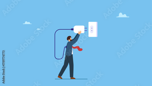 Exhausted overworked businessman plug electric to recharge energy. Recharge yourself, refresh or recover after tried, exhausted or burn out, charge full energy or supply motivation.