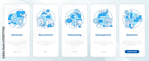 Employee lifecycle blue onboarding mobile app screen. Corporate career. Walkthrough 5 steps editable graphic instructions with linear concepts. UI, UX, GUI. Montserrat SemiBold, Regular fonts used