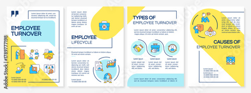 Employee turnover yellow and blue brochure layout. Types, causes and worker lifecycle. Leaflet advertising design with color line icons. Editable 4 pages. Questrial, Lato-Regular fonts used