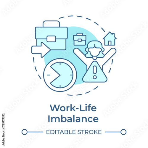 Work life imbalance soft blue concept icon. Overwhelming job. Cause of voluntary employee turnover. Round shape line illustration. Abstract idea. Graphic design. Easy to use in promotional material,