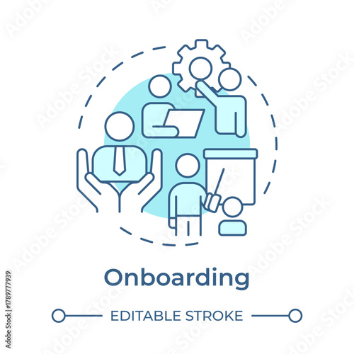 Onboarding soft blue concept icon. Integrating staff into organization. Employee lifecycle. Round shape line illustration. Abstract idea. Graphic design. Easy to use in promotional material,