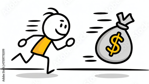 Stick figure running towards a money bag