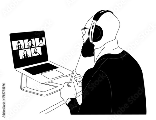 Black and white vector illustration of a person in a video conference, wearing headphones and writing in a notebook, minimalist line art style, modern work-from-home concept.