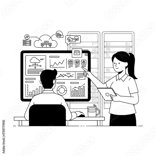 Engaged IT professionals collaboratively analyzing data on a large computer monitor in a modern data center office discussing cloud infrastructure and business analytics