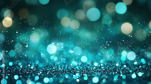 Abstract teal glitter sparkle background with bokeh lights for festive or christmas design