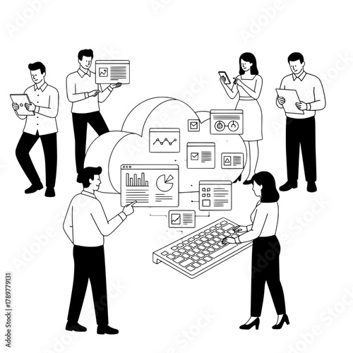 Diverse business professionals collaborate digitally managing cloud data and web applications in a clean vector illustration