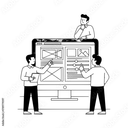 Three focused professionals collaborating on developing user interface layouts displayed on a large desktop monitor with digital wireframes for software application optimization