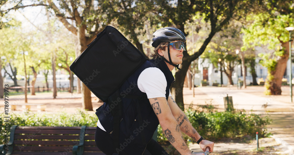 Fototapeta premium Travel, bike and delivery with man in park for package distribution, carbon footprint and shipping. Eco friendly transport, cycling and ecommerce parcel with person outdoor for export and cargo
