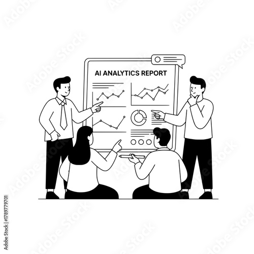 Business team of collaborative data analysts reviewing discussing AI analytics report with charts graphs statistical data in a professional office environment