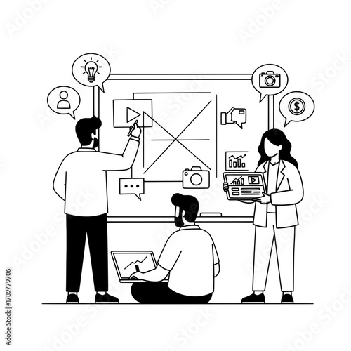 Three diverse marketing professionals collaborating on a digital media strategy with interactive whiteboard icons during an innovative business meeting