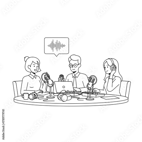 Diverse podcast presenters engaging in a live recording session at a modern studio table equipped with microphones headphones and laptop featuring an audio waveform speech bubble for digital broadcast