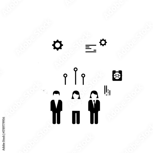 Professional diverse team members managing data and optimizing systems in an abstract digital conceptual scene featuring connection and process icons