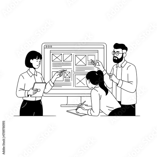 Three collaborative designers actively reviewing and planning website layouts on a large computer screen within a modern digital workspace emphasizing creative development and teamwork