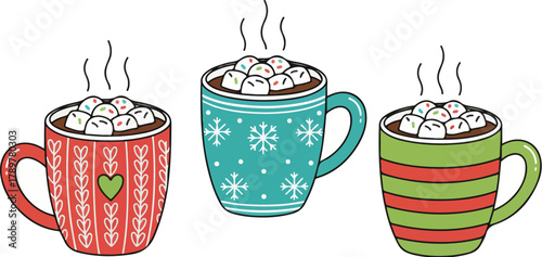  flat vector winter mugs of hot cocoa with marshmallows, white background