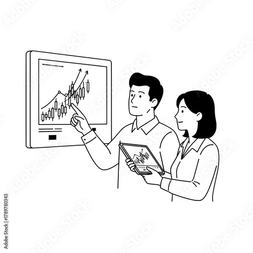 Engaged colleagues analyze market data on a large interactive screen in a modern office environment with a digital tablet