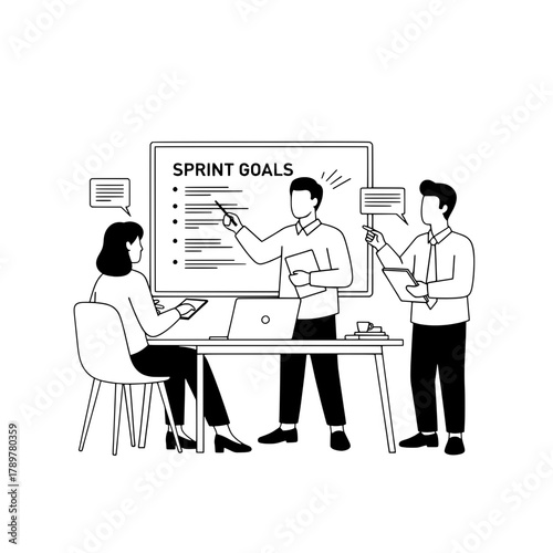 Engaged business professionals collaboratively discussing sprint goals in a modern office meeting environment with a whiteboard laptop and tablets