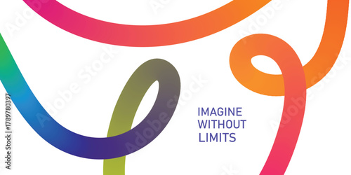 Abstract flowing gradient ribbons in vibrant rainbow colors with inspirational text Imagine Without Limits on white background
