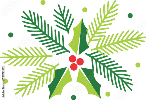 flat vector illustration of pine branches, needles, and holly leaves, simple green shapes, white background