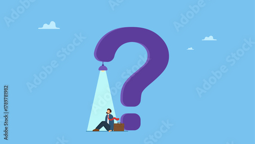 Depressed businessman just discover light of hope and opportunity from question mark problem. Hope in crisis, solution or opportunity in problem or difficulty, idea discovery to solve trouble.