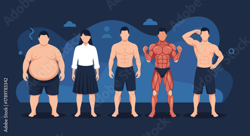 An illustration of diverse human body types, ranging from overweight to athletic and highly muscular, symbolizing various states of fitness and health.