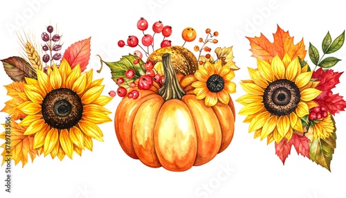 Autumn Harvest - Watercolor Pumpkin and Sunflower Floral Arrangement.