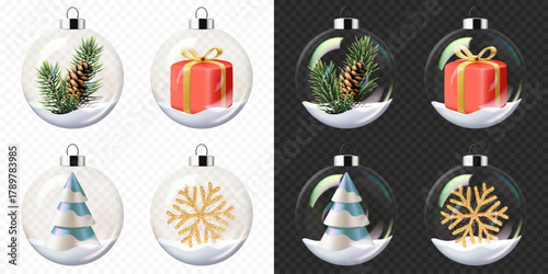 Set of Christmas and New Year transparent glass balls with snow, isolated. Equally suitable for dark and light backgrounds.