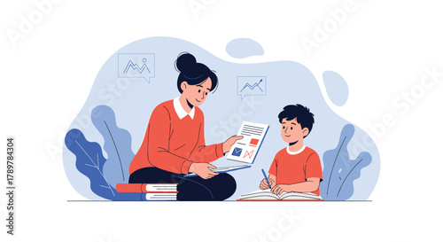 A smiling female tutor assists a young schoolboy with his lessons, guiding him through documents while he writes in his notebook.