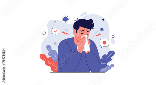 A man suffering from cold, flu, or allergies, blowing his nose with a tissue, showing symptoms of illness or respiratory infection.