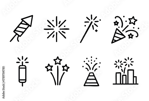 Various icons represent fireworks and party elements, capturing the excitement of celebrations. The simple line art showcases fun and festive vibes suitable for happy events.
