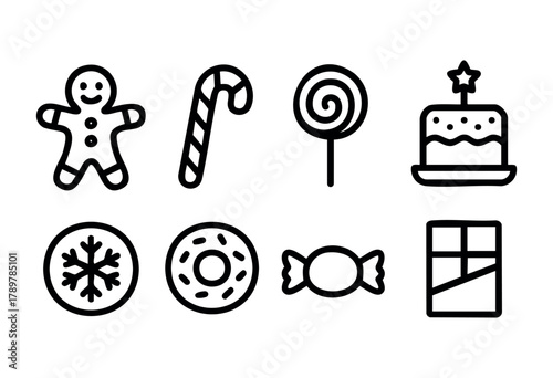 A collection of holiday-themed treats features a gingerbread man, candy canes, lollipops, and a birthday cake. Seasonal symbols like snowflakes and donuts enhance the festive spirit.