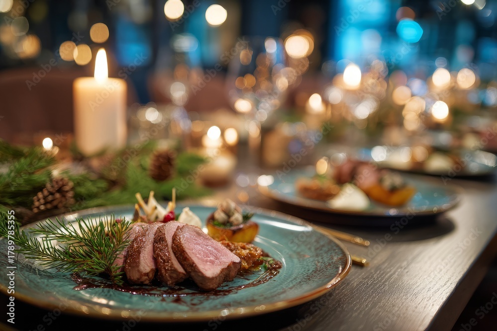 Naklejka premium Gourmet Christmas Dinner with Elegant Candlelight Ambiance