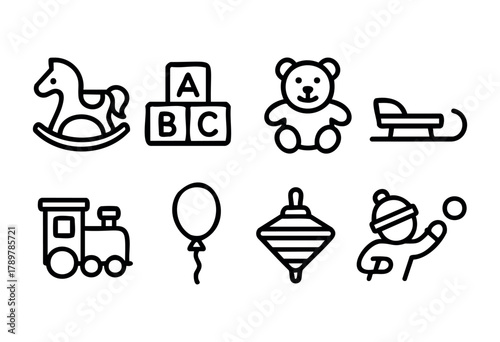 Various toys are arranged, including a rocking horse, building blocks, and a teddy bear, creating a fun atmosphere for young kids' playtime.