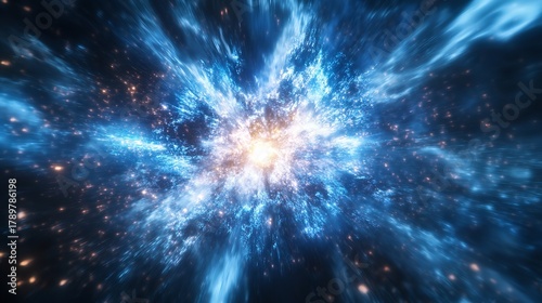 A stunning cosmic explosion of blue and gold light, a supernova in the vastness of space, a celestial event