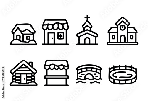 A collection of simple line drawings of winter-themed houses, churches, and structures, showcasing cozy designs and snowy roofs. These graphics can enhance seasonal projects and decor.