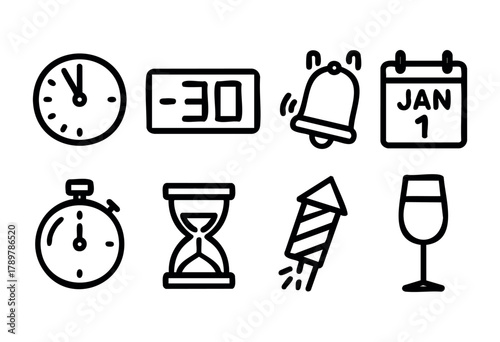 A collection of icons representing moments of a countdown to New Year's Eve. Features clocks, a calendar, fireworks, and a champagne glass, capturing the joy of the celebration.