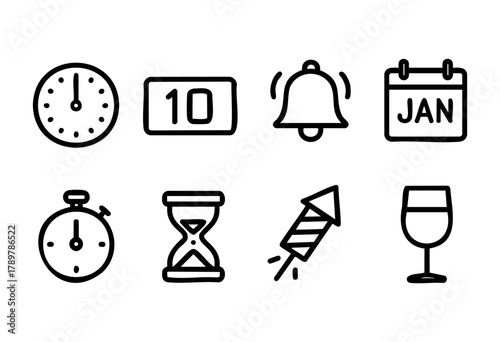 Various icons depict the themes of time and celebration, including a clock, countdown timer, calendar, festive fireworks, and a glass for toasting. These elements reflect New Year festivities.