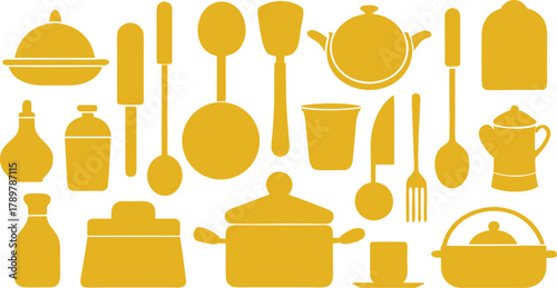 Yellow silhouette icons of cookware and utensils for culinary vector design.