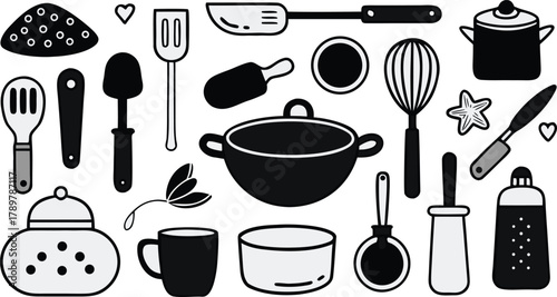 A set of cooking pots and frying pan icons in simple outline style on white.eps