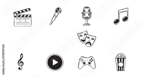 Various elements of audio video production isolated on a white background