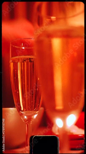 Drinking champagne with family at Christmas drink, vertical 4K, retro film frame, analog camcorder style