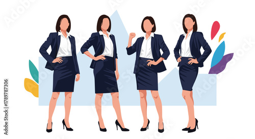 Four diverse businesswomen in professional attire stand confidently against an abstract background, symbolizing teamwork, success, and empowerment in the corporate world.