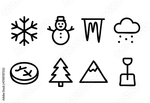 Various winter-themed icons are displayed, including snowflakes, a cheerful snowman, icicles, and a snowy mountain along with a Christmas tree and a shovel, representing seasonal activities.