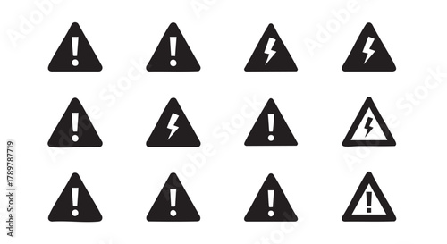 Warning Sign Icons Set Black Triangles with Exclamation Points Symbols