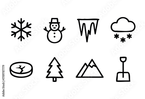 Various winter symbols are arranged in a grid showing a snowflake, a snowman, icicles, and a pine tree among others. This simple design captures the essence of winter activities and scenery.