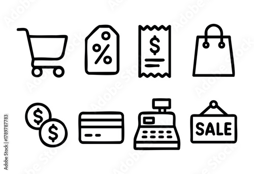 This set of icons showcases key elements of shopping, including a cart, price tag, receipt, bag, coins, credit card, cash register, and sale sign, reflecting the retail experience.