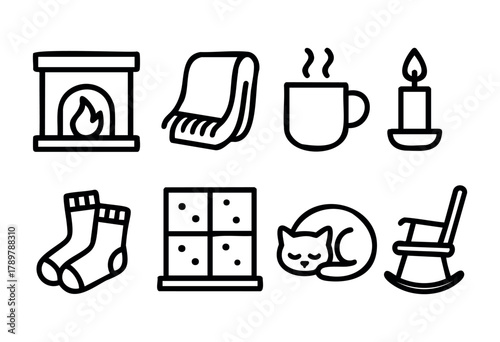 A collection of cozy items includes a fireplace, a warm blanket, a steaming cup, a candle, comfy socks, a snack, a sleeping cat, and a rocking chair, creating a perfect relaxing atmosphere.