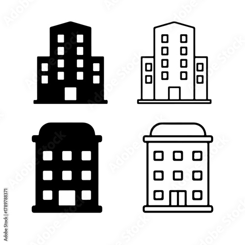 Hotel building icon set vector outline and silhouette design
