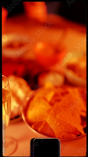 Drinking champagne with family at Christmas drink, vertical 4K, retro film frame, analog camcorder style