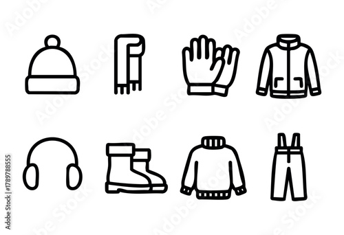A collection of winter clothing items displayed, including a beanie, scarf, gloves, jacket, headphones, boots, sweater, and overalls. These items are perfect for staying warm during cold weather.
