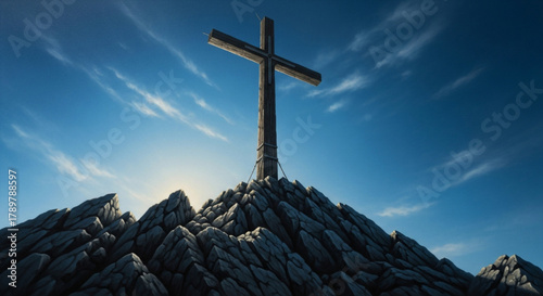 A powerful, low-angle shot of the cross towering over the viewer on a jagged peak. The background is a vast, endless blue sky with wisps of white clouds, evoking a sense of scale and sacrifice